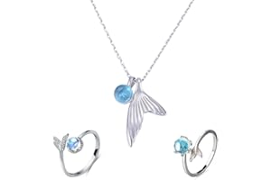Liitata 3 Pcs Crystal Mermaid Rings Mermaid Tail Necklace Set Mermaid Tail Blue Gemstone Ring Asjuatable Open Ring for Women Girls Kids Birthday Gifts Souvenir - Silver