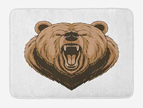 Doormats Bear Bath Mat, Angry Scary Face Powerful Vicious Beast Mascot Cartoon Character with Fangs, Plush Bathroom Decor Mat with Non Slip Backing, 23.6 W X 15.7W Inches, Caramel Dark Brown
