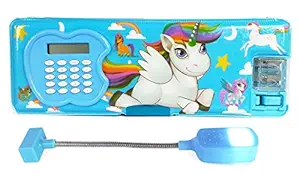 Shifaa Enterprise Magnetic Plastic Box with Calculator / LED Light Dual Sharpener for Girls & Boys | Cartoon Printed Pencil Boxes | Stylish Pencil and Accessories Case for School (Unicorn Blue)