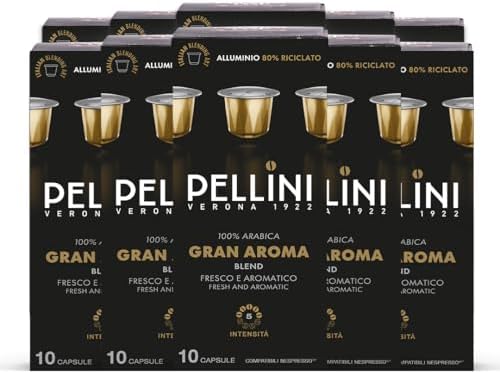 Pellini Gran Aroma 100% Arabica, 100 Capsule in Alluminio Compatibili Nespresso, Caffè 100% Arabica delicato con Note Floreali e di Amaretto, 10 Confezioni da 10 Capsule