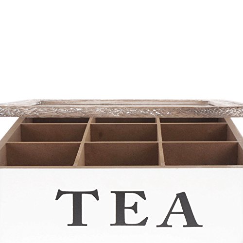 ToCi Teebox Holz Weiß mit 9 Fächern | Quadratische Teekiste Teedose Teebeutel Box Aufbewahrung | 24 x 24 x 8 cm (LxBxH) | „Tea Box“ im Vintage Look - 6