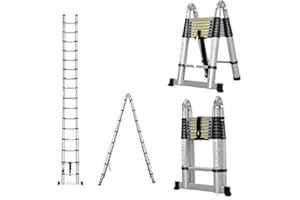 AUTOBABA Multi-Purpose 5M Aluminium Portable Telescopic Ladder DIY Extendable A-Frame Ladder Extension 16 Steps 150KG