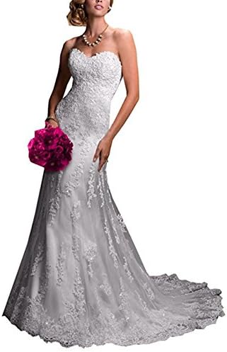XUYUDITA Women's Appliques Long Mermaid Lace Beaded Court Train Wedding Dress White-UK14