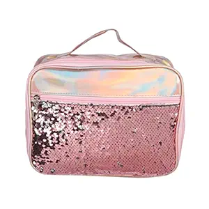 STRIPES Suitcase Shape PVC Holographic Cosmetic Bag Makeup Pouch Travel Kit with Reversible Sequins And Handle For Women and Girls Stylish Toiletries Pouch Pink Colour.