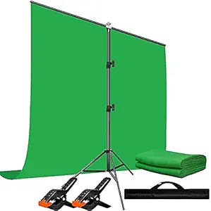 HIFFIN Green Screen Backdrop 6x10 ft with Stand - 6x9FT Photography Backdrop with 1PC 6.5FT T-Shape Backdrop Stands, 2PCs Spring Clamps, 1PCs Carry Bag