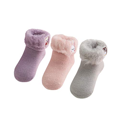 DEBAIJIA 3 Pairs Set Baby Etra Thick Warm Winter Socks Kids Fluffy Fleece Booties Cuff Socks, 1-3 Years Anti-Slip Slipper Socks Newborn Boys Girls Soft Cute Cartoon Socks Birthday Gift