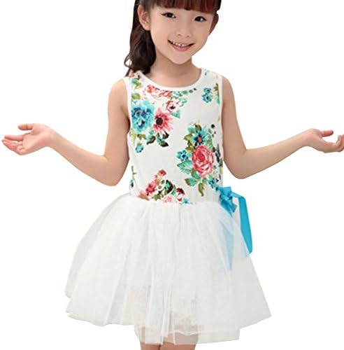 Lyshi Girls Sleeveless Floral Princess Dress Tulle Tutu Sundress 4 Years White