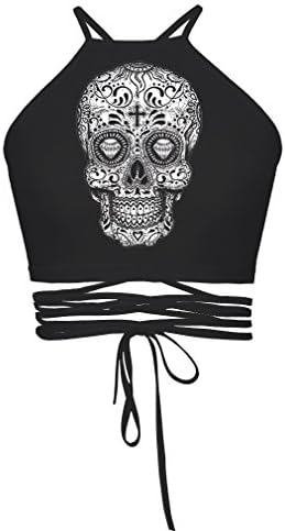 Skeleton Printing Small Vest Wild Ultra-Short Band Tie Lace-Type Back to the Bottom Wiping Chest Woman,    Black,All code