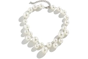 fdsmall Necklaces for Women Pearl Strand Choker Necklaces Faux Pearl Statement Round Beads Necklace Bib Big Simulated Pearl Women's Faux Pearl Choker 20s Flapper for Brides Wedding Anniversary (White)