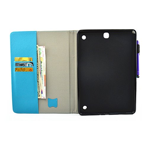 Etsue Kunstleder Schutzhülle für Samsung Galaxy Tab A 9.7/T550/T555 Leder Tasche Bookstyle Hülle Flip Case Wallet Cover, Bunte Retro Muster Schutz Hülle Etui Schale Weich TPU Innere mit Magnetverschluss Standfunktion Kartenfächer für Samsung Galaxy Tab A 9.7/T550/T555 + 1x Glitzer Staub Stecker + 1x Blau Eingabestift-Niedlich Eule - 4