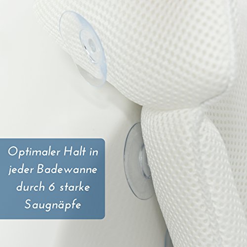 Hochwertiges Badewannenkissen zur angenehmen Polsterung von Kopf, Nacken und Schultern – rutschfester Halt durch Saugnäpfe – inkl. GRATIS Massage Schwamm – Nackenkissen, Wannenkissen, Komfort Badekissen - 3