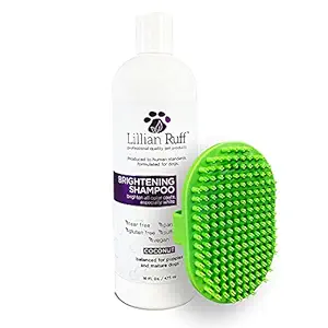 Lillian Ruff Brightening & Whitening Shampoo for Dogs with Dog Bath Brush - Tear Free Coconut Scent with Aloe for Normal, Dry & Sensitive Skin - Adds Shine & Luster to Coats