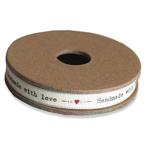 Rollo de 3 m de cinta, diseño con corazones y besos e inscripción en inglés «Handmade with love» (Hecho a mano con amor).
