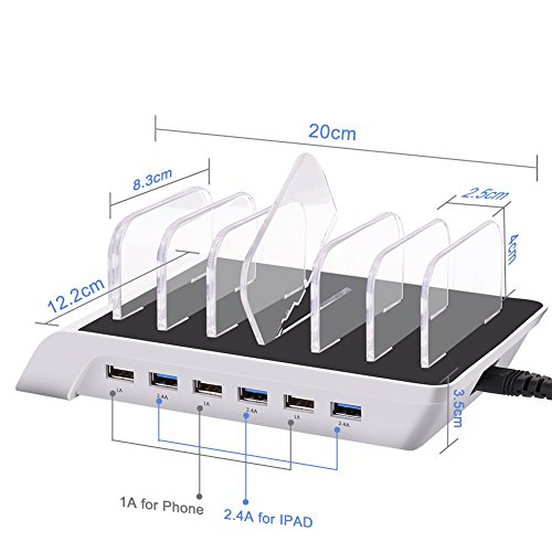 Dock Station di Ricarica INKERSCOOP Caricabatterie da Tavolo con 6 Porte USB Caricatore per Smartphone e Tablet (argento)