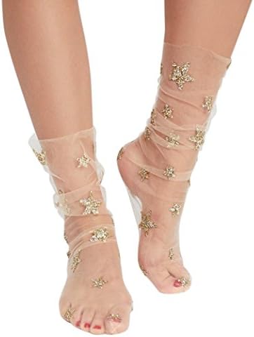 Women Fishnet Socks, LILICAT Lady Girls Fashion Glitter Little Star Soft Mesh Sock Transparent Elastic Sheer Ankle Sock (Beige, Size:One Size)
