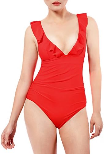 Soyml Women Ruffle Swimsuit Monokini Tummy Control One Piece with Cross Tie Back Swimwear