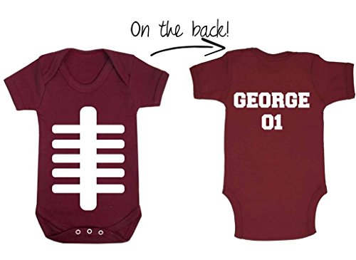 Personalised Rugby Ball Style Print With Name And Number On The Back Custom Sports Sporty Baby Onesie
