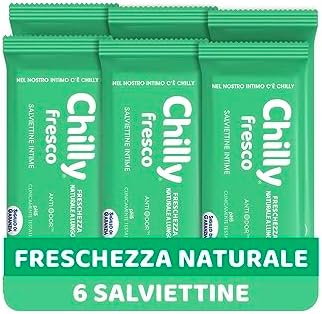 Chilly, Salviettine Fresco, Salviette Igiene Intima, Azione Protettiva con Mentolo Naturale, per Uso Quotidiano, Clinicamente Testato, pH 5 - Confezione da 6 Pezzi