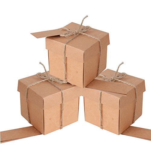 100 stk. Kraftpapier Bonboniere (mit Juteschnur und Geschenk Etikett) 5x5x5 cm Geschenkboxen Hochzeit Weihnachten Pralinenschachtel Geschenkverpackung Tüten für süßigkeiten Karton