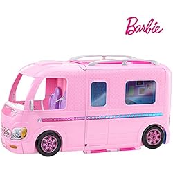Barbie Mobilier Camping-Car Transformable pour poupées, véhicule de +60 cm incluant deux hamacs, accessoires et piscine, jouet pour enfant, FBR34