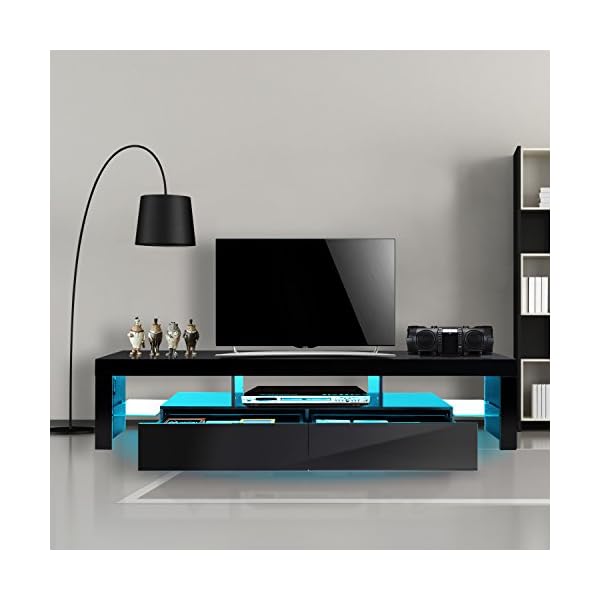 TV Cabinet, HST Mall Modern TV Unit Stand 200cm Black Matt and Black High Gloss Free LED RGB Lights Home TV Furniture - Image 3