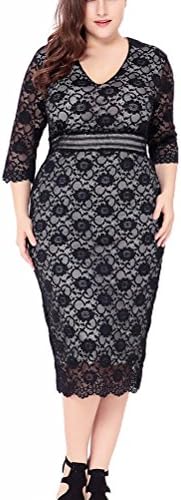 V-Collar Womens Elegant Lace Jacquard Midi Dresses 2/3 Sleeves Evening Party Dress Plus Size , Black , XXL