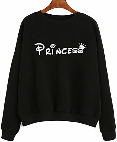 MAOSHANG Princess Print Long Sleeve O-Neck Striped Hoodies Drop Shoulder Cotton Sweatshirt&amp;28 Black L