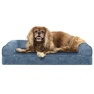 Furhaven Pet Faux Fur & Velvet Cooling Gel Top Sofa Pet Bed, Medium, Harbor Blue