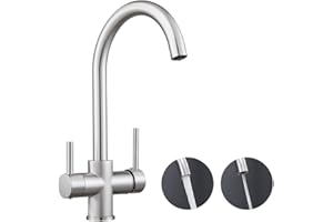 Maynosi 3 Way Kitchen Mixer Tap with Drinking Filtered Water Outlet, 3 in 1 Drinking Water Kitchen Sink Faucet, 360° Swivel Spout, Solid Brass, Include Flexible Tails, Brushed Nickel