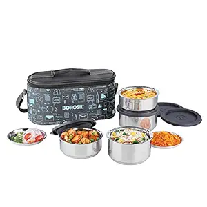 Borosil Carry Fresh Stainless Steel Insulated Lunch Box Set, 4-Piece, Blue