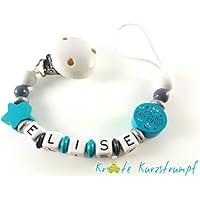 Schnullerkette mit Namen für Mädchen oder Jungen mit Stern und Motivperle 'Kleines Monster' - türkis, weiß, silber, anthrazit