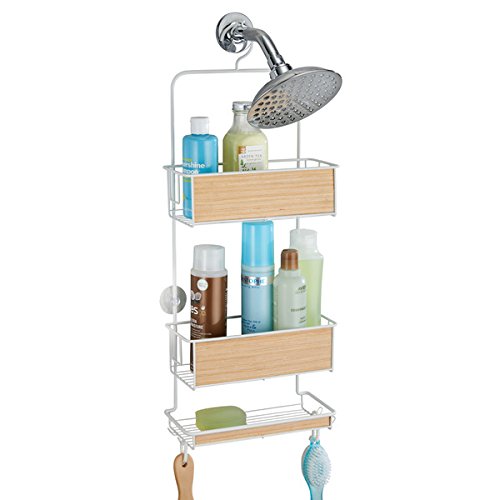 mDesign Hängeregal für die Dusche - Duschregal ohne Bohren - einfach einhängen - Duschkorb mit Ablagen und Haken für Shampoo, Conditioner, Seife etc. - weiß/helles Holz