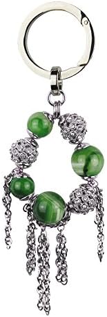 Bag Charm Key Ring Pendant Nature Stone Sparkle Spherical Silver Plated Finish With Rhinestone (Green)