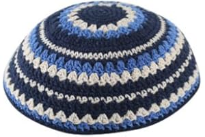 ROUND DESIGNS Kippa Yarmulke étoile de David tricot bleu & blanc haute qualité diamètre 16cm