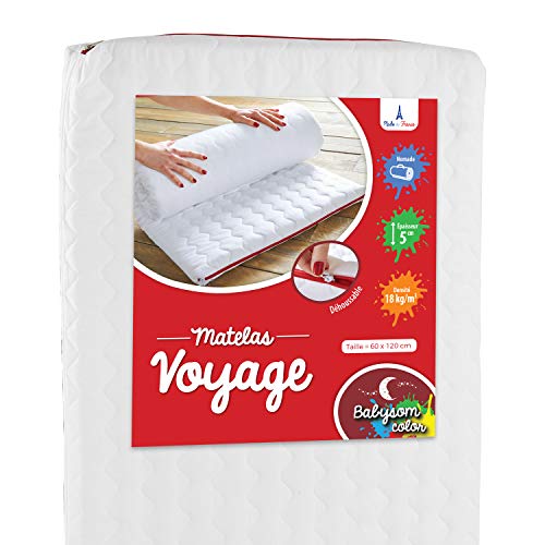 Babysom - Matelas de Voyage pour bébé - 60x120cm - Déhoussable - Epaisseur 5cm - Roulé - Fabrication française