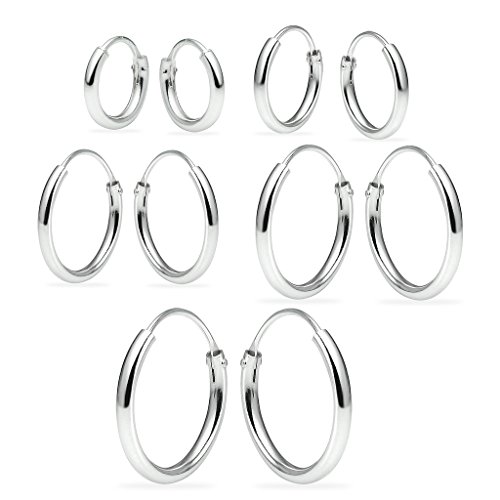 Pendientes de aro de plata de ley, juego de cinco pares de 1,2 mm x 8, 10, 12, 14 y 16 mm de grosor, redondos, unisex