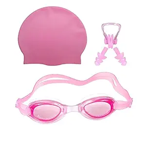 Golden Girl Cap,Goggle,Ear Plug-Pink Swimming Set, Medium Size (Pink)