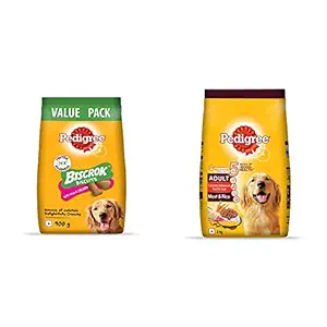 Pedigree Biscrok Biscuits (Above 4 Months), Milk and Chicken Flavor, 900g Pack & Adult Dry Dog Food, Meat & Rice, 3kg Pack