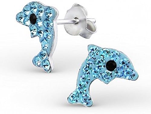 Sterling Silver Sparkling Crystal Blue Dolphin Stud Earrings