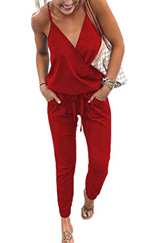 Ajpguot Verano Mujer V-Cuello Sin Mangas Monos Color sólido Mamelucos Sexy Sin Respaldo Jumpsuits de Playa Rompers (S, Rojo)