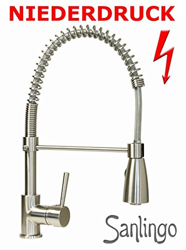 Hochwertige Niederdruck Gastro Spültisch Profi Küchenarmatur mit 2 Strahlarten Edelstahl Feder Armatur Chrom