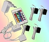 led glasbodenbeleuchtung 4er set Trango RGB Multi Color LED Glaskantenbeleuchtung I LED Clips zaubern Ihre Glasböden in Vitrinen, Hänge- oder Küchenschränken oder der Wohnzimmertisch in einem Multi Color Lichtoase mit Farbenspiel - Bequem durch die mitgelieferte IR-Fernbedienung mit 24 Tasten zum Ein- / Ausschalten, Dimmen, 16 Farben ändern, Lichteffekte geändert, Multi Color Farbwechsel Effekt ändern.
