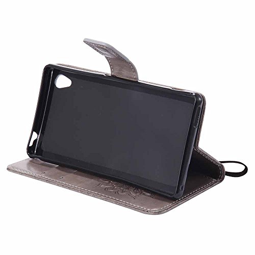 Xperia M4 Aqua Hülle, Dfly Premium Slim PU Leder Mandala Blume prägung Muster Flip Hülle Bookstyle Stand Slot Schutzhülle Tasche Wallet Case für Sony Xperia M4 Aqua, Grau - 5