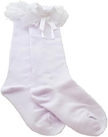 Girls Kids School White Frilly Knee Length Lace Trim Socks Age 3 to 10+ (3-pack) (Age 7-10)