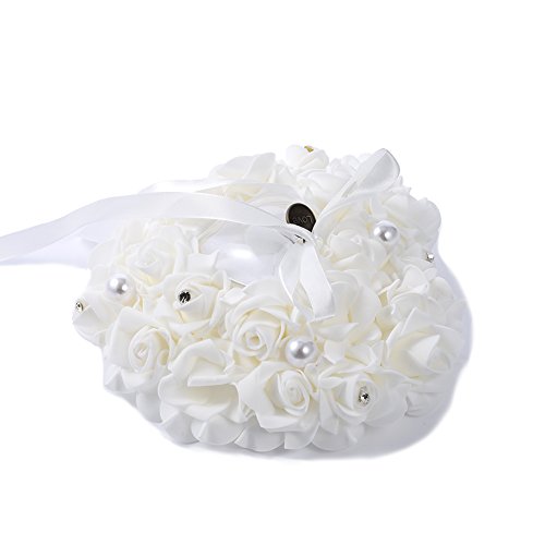Hochzeit Ringkissen Ring Box Herzförmig mit Blumen Strass Perlen Deko LianLe (Weiß) - 4