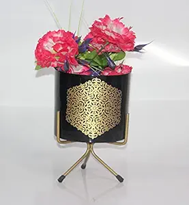 Elegant Crafts India Mordern Design Table or Outdoor Planter with Rust Free Metal Stand Plant Container SetPack of 1 Width X Height 06X7.5 Inches (Black and Gold)