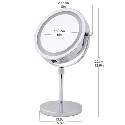 Limerence Moois 2in1 Kosmetikspiegel mit LED Beleuchtung, mit 18-LEDs, doppelseitig mit 1x/5x Vergrößerung, Höhenverstellbar, Batteriebetrieben, Verchromt, Beleuchteter Kosmetikspiegel, Tischspiegel für Makeup, Hautpflege und Rasur - 5
