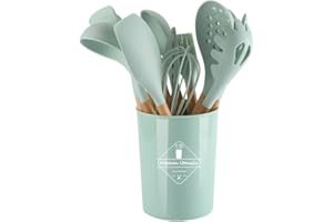 FUYTERY 11 Utensilios de Cocina de Silicona para Cocina Juego de cucharas y Palas de Acero Inoxidable Resistente al Calor (Verde Claro)