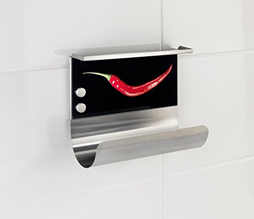 WENKO 53400100 Magnetischer Rollenhalter Peperoni – Wandrollenhalter mit Ablage , Gehärtetes Glas, 30 x 26 x 14.5 cm, Multicolor - 5