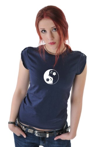 yin yang Woman T-Shirt / Ladies short sleeve Top with printed Symbol Fairy designed by 3Elfen, loose fitted T-Shirt - blue M